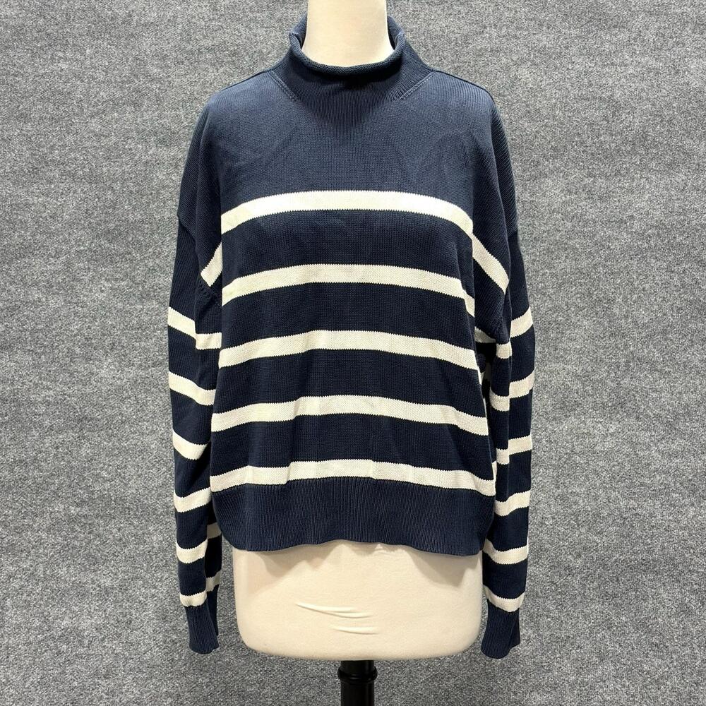 Club Monaco Sweater Womens Large Blue White Striped Mock Neck Pullover